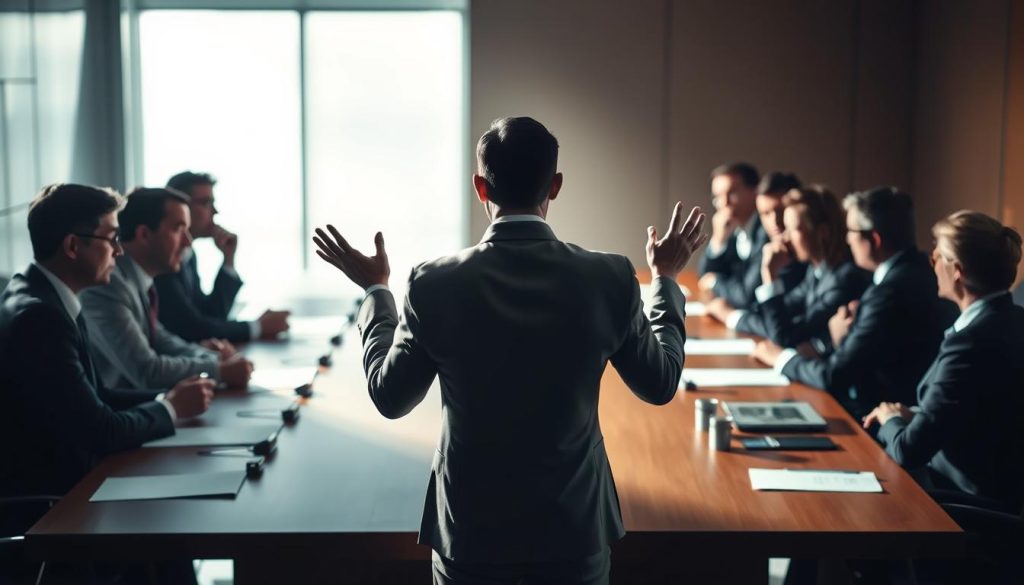 A boardroom table surrounded by executives, their expressions reflecting the tension of a heated debate. The lighting is harsh, casting dramatic shadows that accentuate the unease. In the foreground, a figure stands, hands raised in a placating gesture, attempting to mediate the resistance to the proposed changes. The background is blurred, hinting at the broader organizational context, while the focus remains on the interpersonal dynamics unfolding before us. The scene conveys the challenge of navigating change within a complex workplace, where individual perspectives and interests can collide.