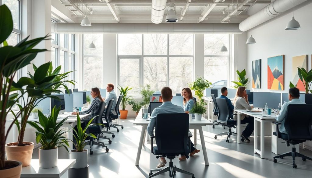 A bright, airy office space filled with natural light streaming through large windows. Friendly coworkers collaborate at modern, minimalist desks, exchanging ideas and offering encouragement. Lush potted plants and vibrant artwork adorn the walls, creating a warm, welcoming atmosphere. The soft hum of conversation is punctuated by occasional laughter, fostering a sense of camaraderie and positivity. An open floor plan promotes transparency and open communication, with a centralized break area providing a space for casual interactions. Soft, ambient lighting and ergonomic office chairs contribute to an overall comfortable and productive work environment.