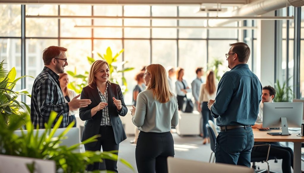 A bustling Australian office scene, bathed in warm, natural lighting that filters through large windows. In the foreground, coworkers engaged in lively discussions, gesturing animatedly as they collaborate on a project. The middle ground features a diverse group of professionals, some seated at their desks, others gathered around a conference table, deep in thoughtful conversation. The background showcases the quintessential elements of an Australian workplace - vibrant greenery, modern architecture, and a subtle touch of the outdoors that reflects the nation's unique work-life balance. The overall atmosphere exudes a sense of productivity, camaraderie, and the distinctly Australian approach to workplace communication.