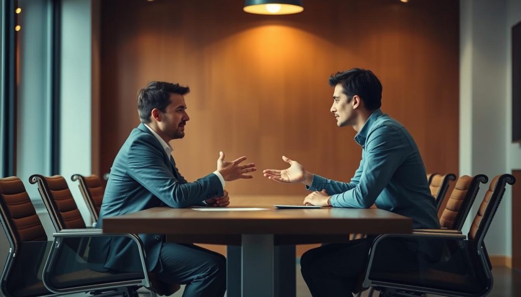 A conference room with a wooden table, chairs arranged around it. Two people, one in a suit and the other in casual attire, engaged in a serious discussion, their body language indicating negotiation. Soft lighting from overhead fixtures casts a warm glow, creating an atmosphere of thoughtful deliberation. The background is blurred, focusing attention on the negotiation process. The composition emphasizes the interplay of power dynamics and the importance of effective communication during a job interview.
