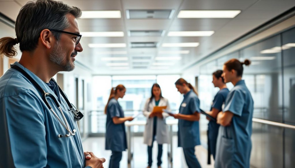A team of healthcare professionals collaborating in a well-lit, modern hospital setting. In the foreground, a doctor and a nurse engage in a thoughtful discussion, their body language conveying a sense of mutual understanding and respect. In the middle ground, a group of hospital staff members gather around a table, analyzing medical charts and exchanging ideas. In the background, a panoramic view of the hospital's sleek, state-of-the-art facilities, conveying a sense of professionalism and advanced medical capabilities. The overall atmosphere is one of focused, efficient, and compassionate healthcare leadership, with an emphasis on teamwork, communication, and problem-solving.